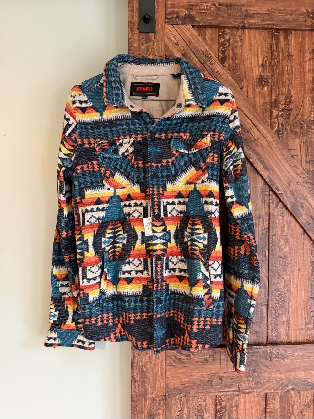 Rock & Roll Denim Teal Multicolor Navajo-Pattern Button-Down Shirt Jacket